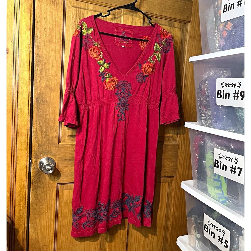 JW Los Angeles Embroidered Floral Rose Peasant Dress XL Magenta Boho Johnny Was
